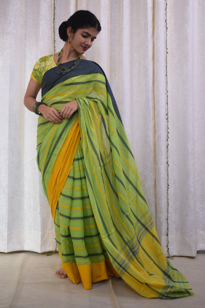 Hrutvi: Pistachio Green Dhaniakhali Cotton Saree