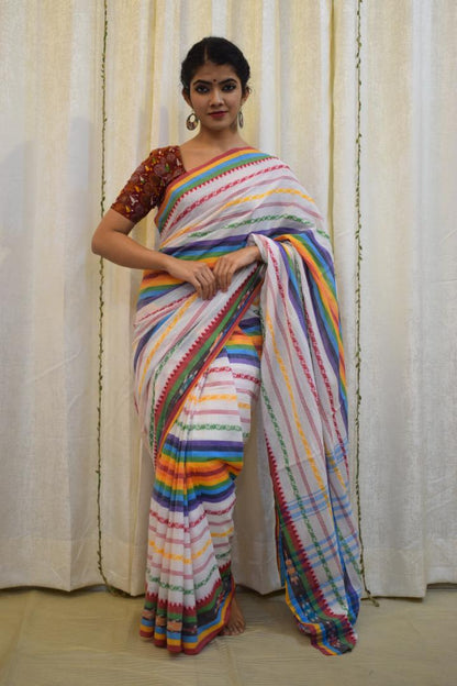 Indradhanush: Multicoloured Dhaniakhali Cotton Saree