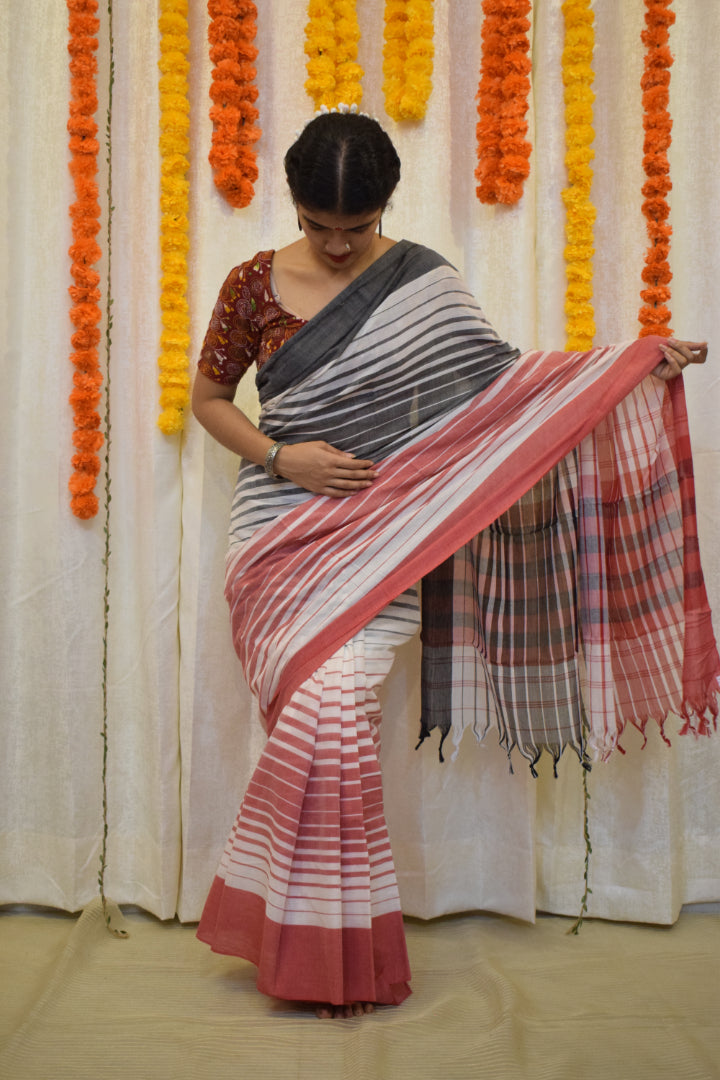 Kalyani-White & Red Dhaniakhali Cotton Saree