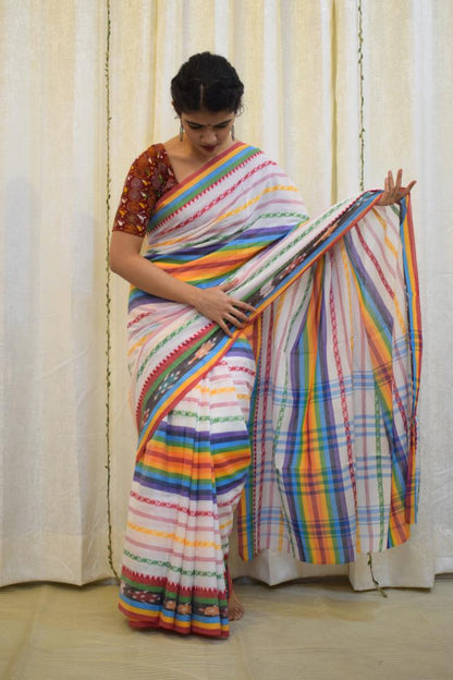 Indradhanush: Multicoloured Dhaniakhali Cotton Saree