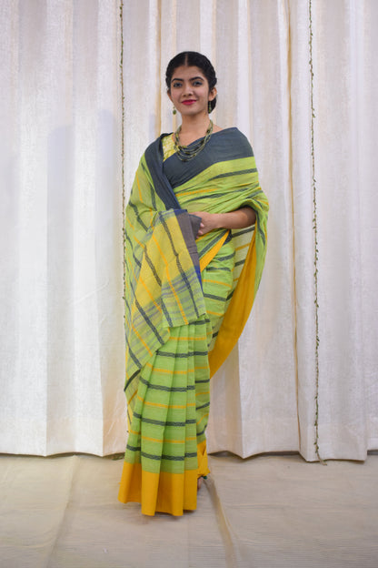 Hrutvi: Pistachio Green Dhaniakhali Cotton Saree