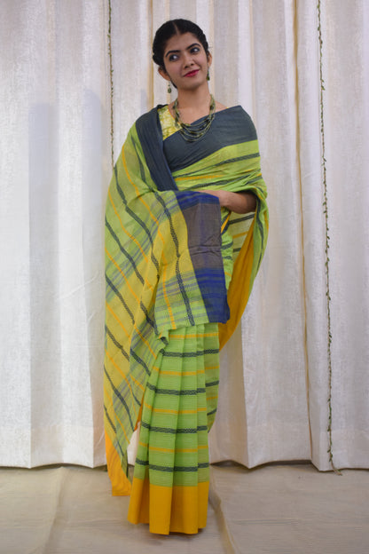 Hrutvi: Pistachio Green Dhaniakhali Cotton Saree