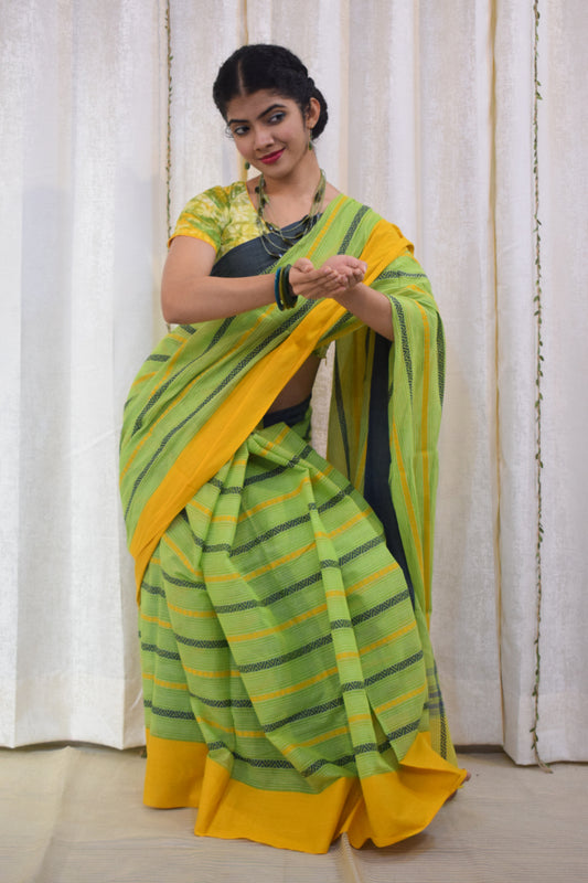 Hrutvi: Pistachio Green Dhaniakhali Cotton Saree