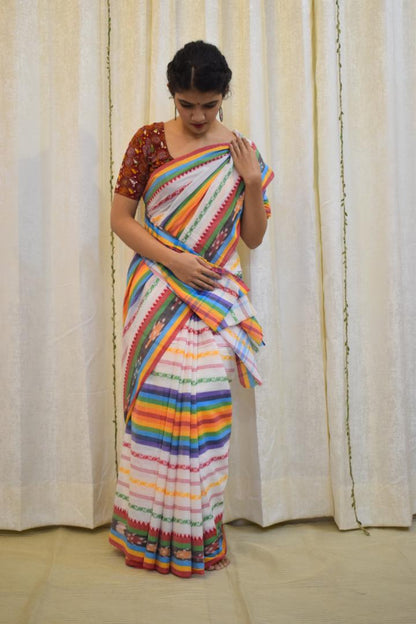 Indradhanush: Multicoloured Dhaniakhali Cotton Saree