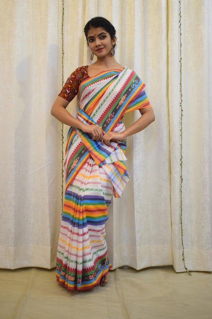 Indradhanush: Multicoloured Dhaniakhali Cotton Saree