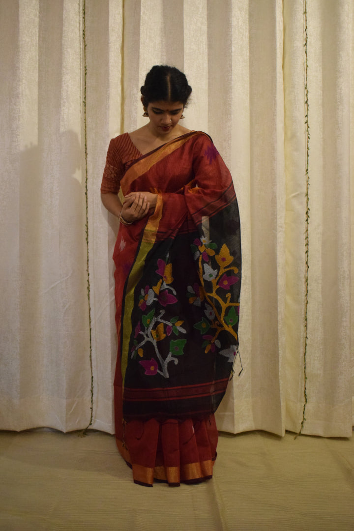 Mahalaya- Red & Black Cotton-Silk Jamdani Saree