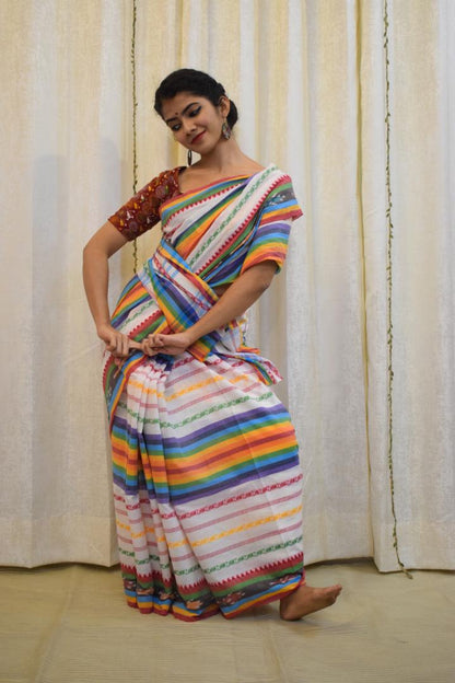 Indradhanush: Multicoloured Dhaniakhali Cotton Saree