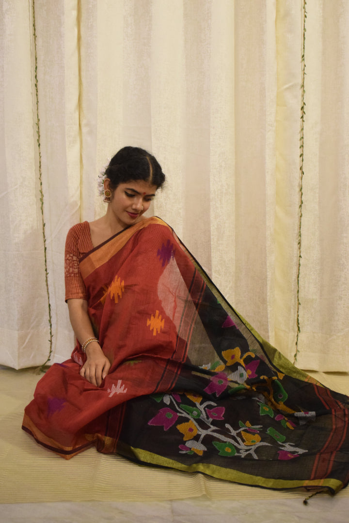 Mahalaya- Red & Black Cotton-Silk Jamdani Saree