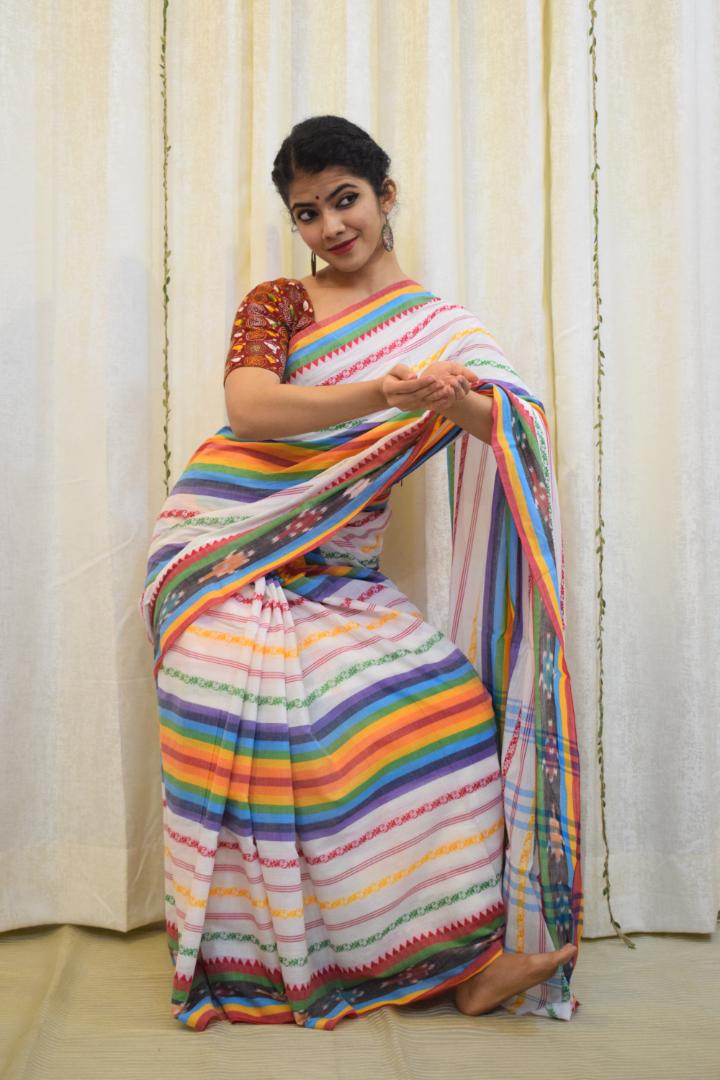 Indradhanush: Multicoloured Dhaniakhali Cotton Saree