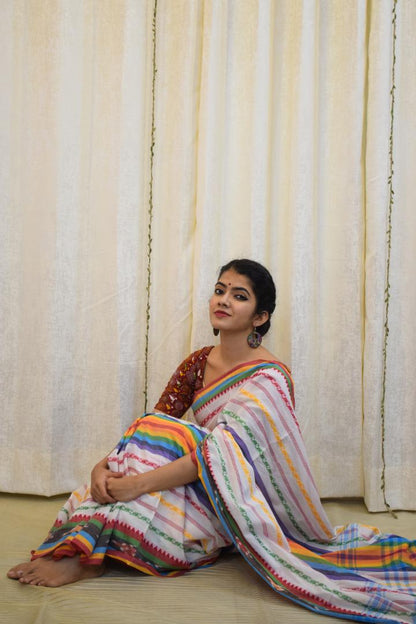 Indradhanush: Multicoloured Dhaniakhali Cotton Saree