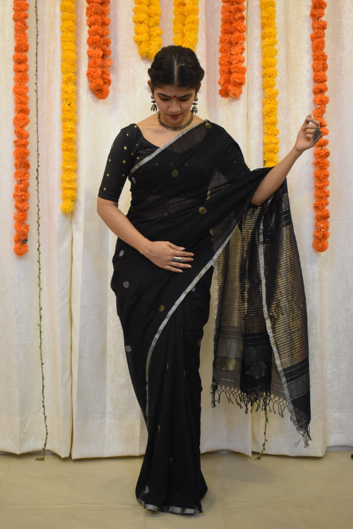 Trinetra- Black Cotton Jamdani Saree