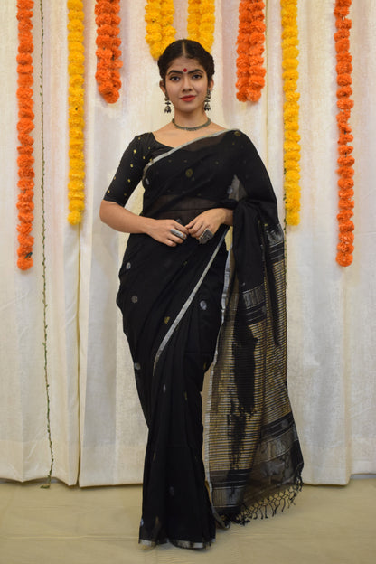 Trinetra- Black Cotton Jamdani Saree