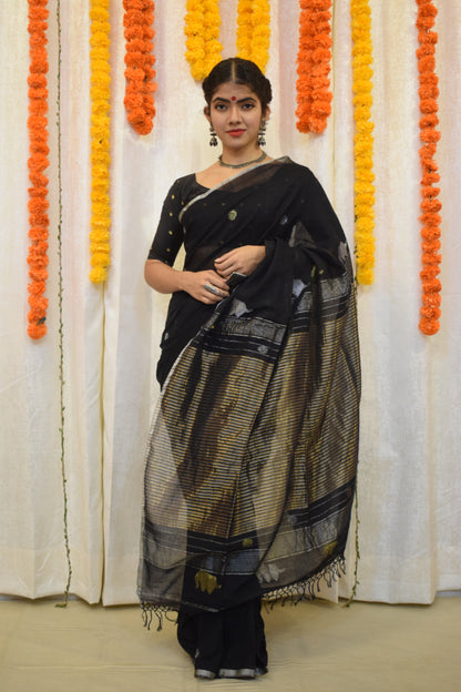 Trinetra- Black Cotton Jamdani Saree