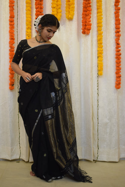 Trinetra- Black Cotton Jamdani Saree