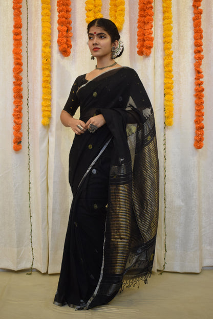 Trinetra- Black Cotton Jamdani Saree