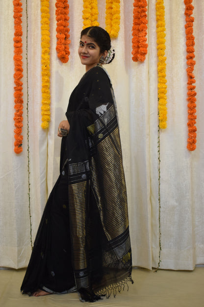 Trinetra- Black Cotton Jamdani Saree