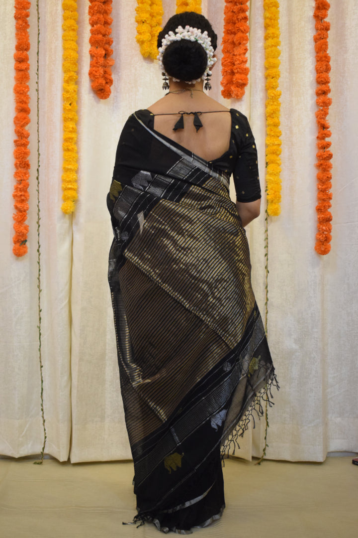 Trinetra- Black Cotton Jamdani Saree