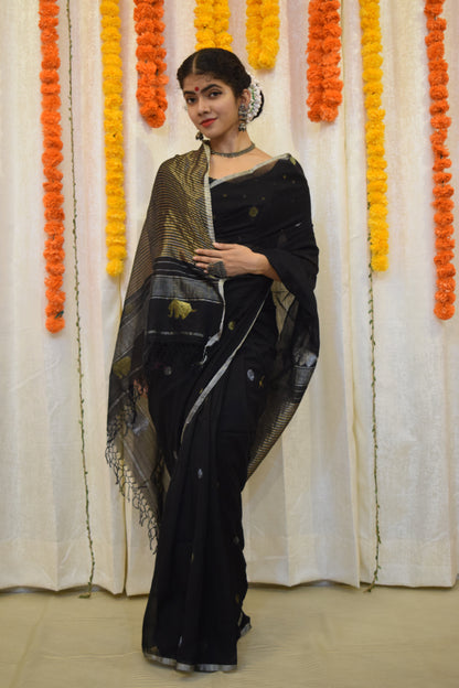 Trinetra- Black Cotton Jamdani Saree