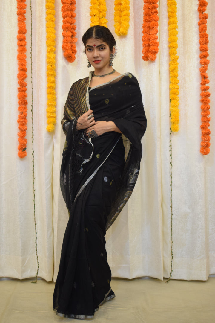 Trinetra- Black Cotton Jamdani Saree