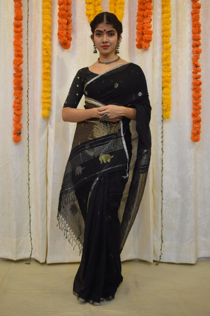 Trinetra- Black Cotton Jamdani Saree