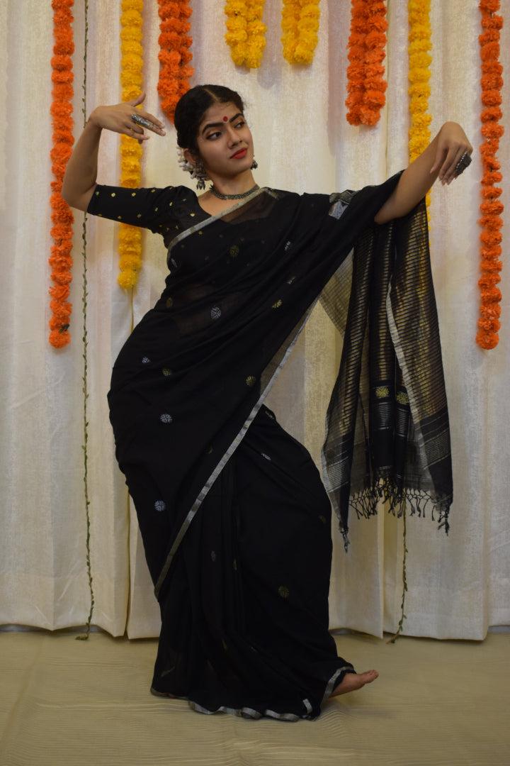 Trinetra- Black Cotton Jamdani Saree