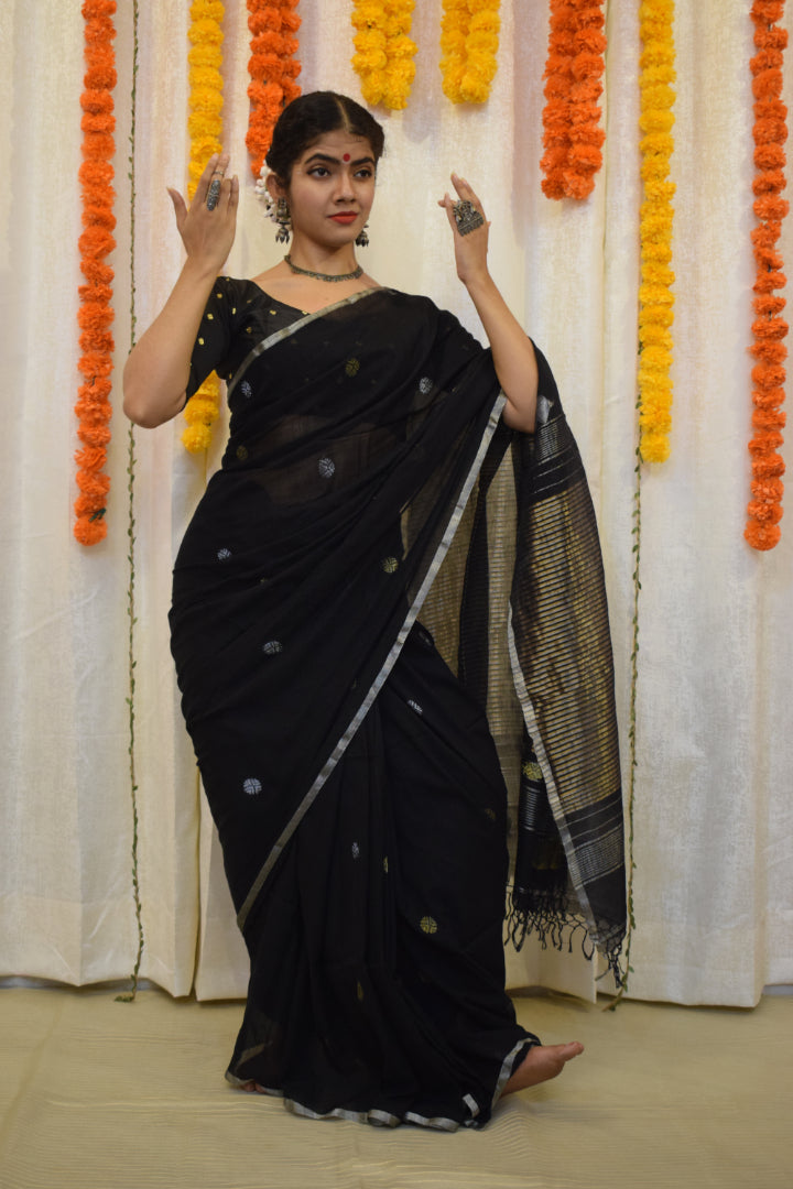 Trinetra- Black Cotton Jamdani Saree