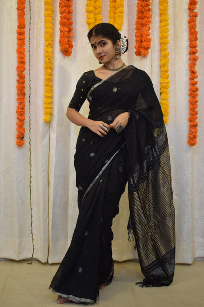 Trinetra- Black Cotton Jamdani Saree