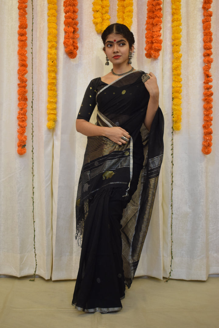 Trinetra- Black Cotton Jamdani Saree