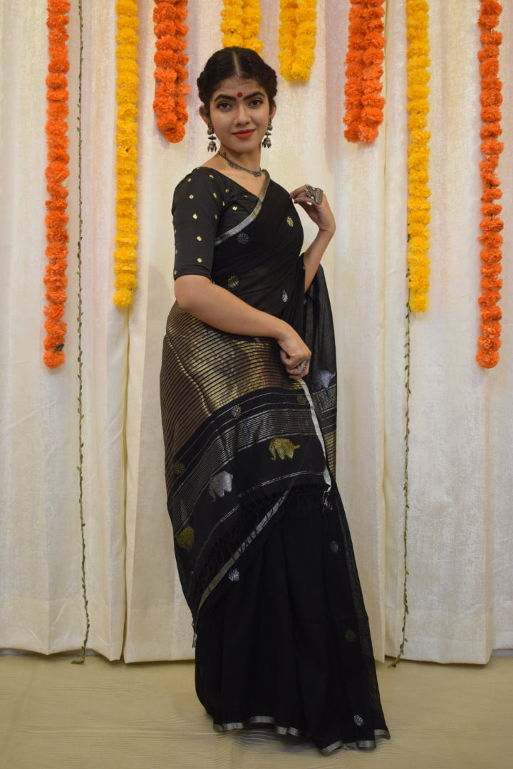 Trinetra- Black Cotton Jamdani Saree