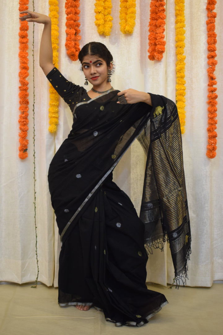 Trinetra- Black Cotton Jamdani Saree