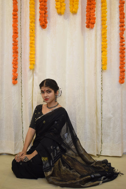 Trinetra- Black Cotton Jamdani Saree