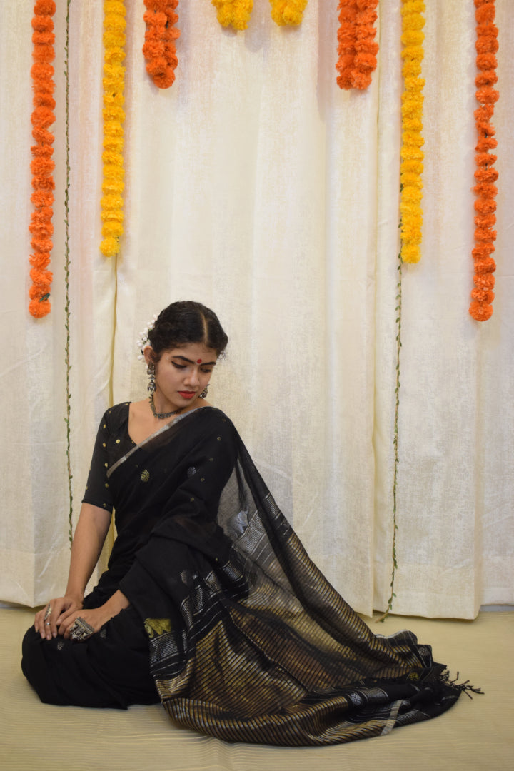 Trinetra- Black Cotton Jamdani Saree