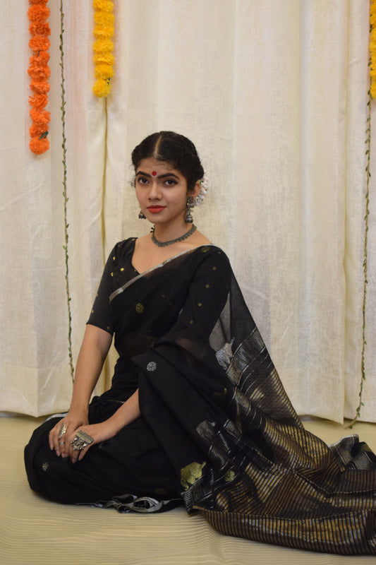 Trinetra- Black Cotton Jamdani Saree