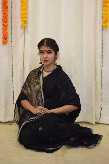 Trinetra- Black Cotton Jamdani Saree