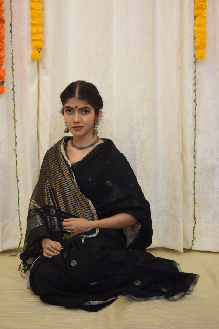 Trinetra- Black Cotton Jamdani Saree