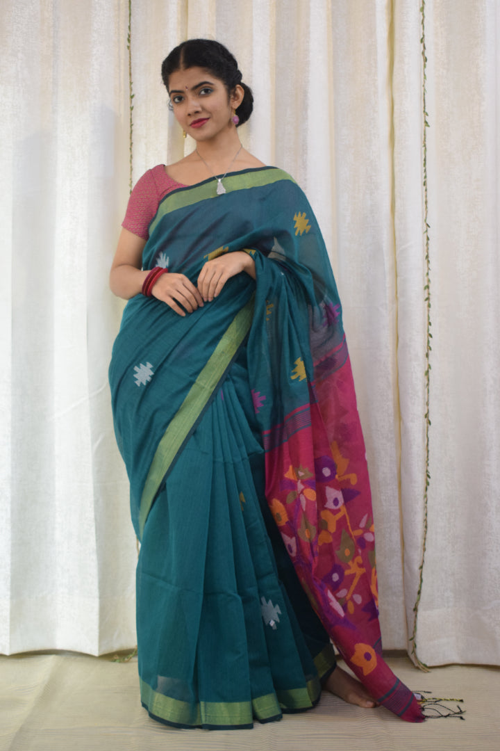 Vedhā: Blue & Green Cotton-Silk Jamdani Saree