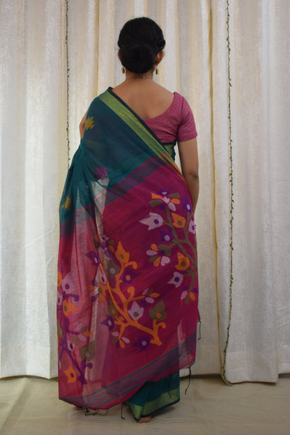 Vedhā: Blue & Green Cotton-Silk Jamdani Saree