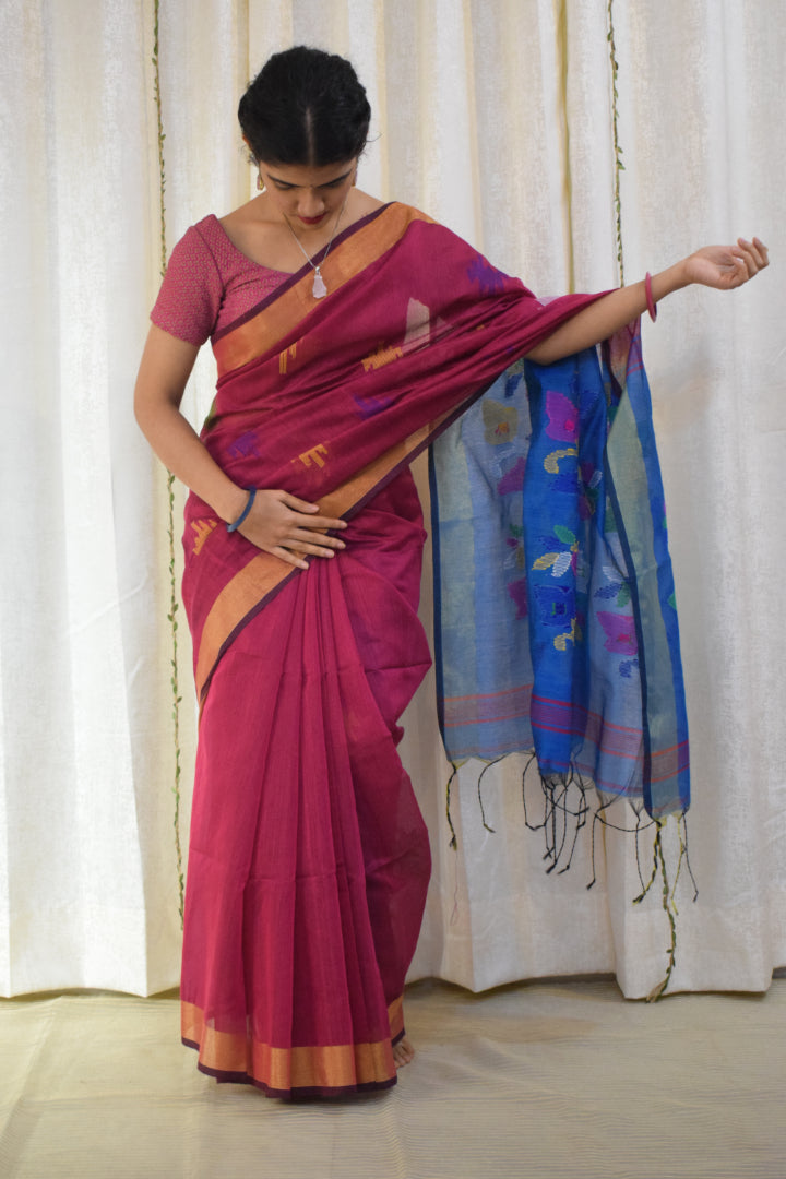 Narayani: Magenta & Blue Cotton-Silk Jamdani Saree