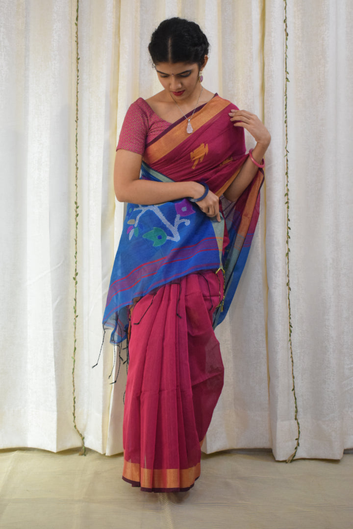 Narayani: Magenta & Blue Cotton-Silk Jamdani Saree