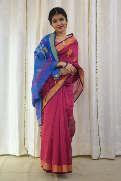 Narayani: Magenta & Blue Cotton-Silk Jamdani Saree