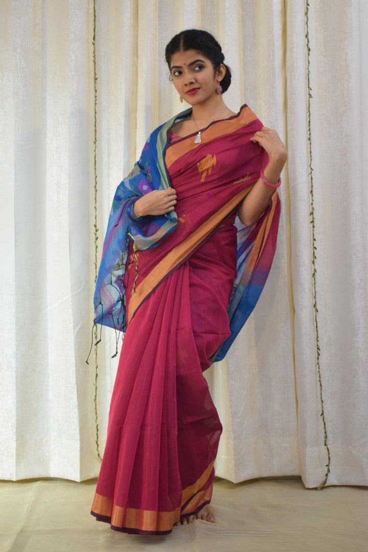 Narayani: Magenta & Blue Cotton-Silk Jamdani Saree