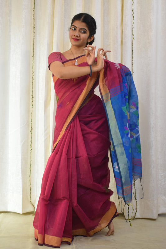 Narayani: Magenta & Blue Cotton-Silk Jamdani Saree