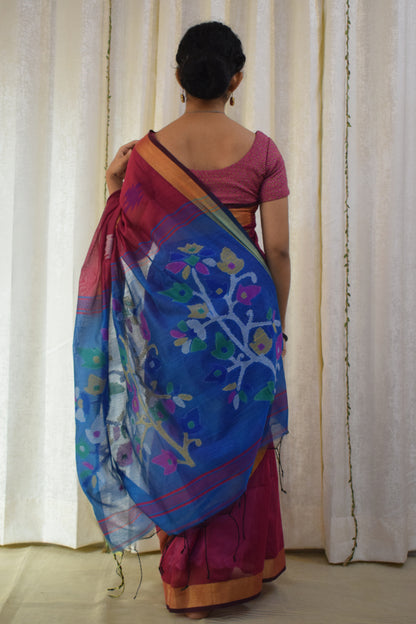 Narayani: Magenta & Blue Cotton-Silk Jamdani Saree