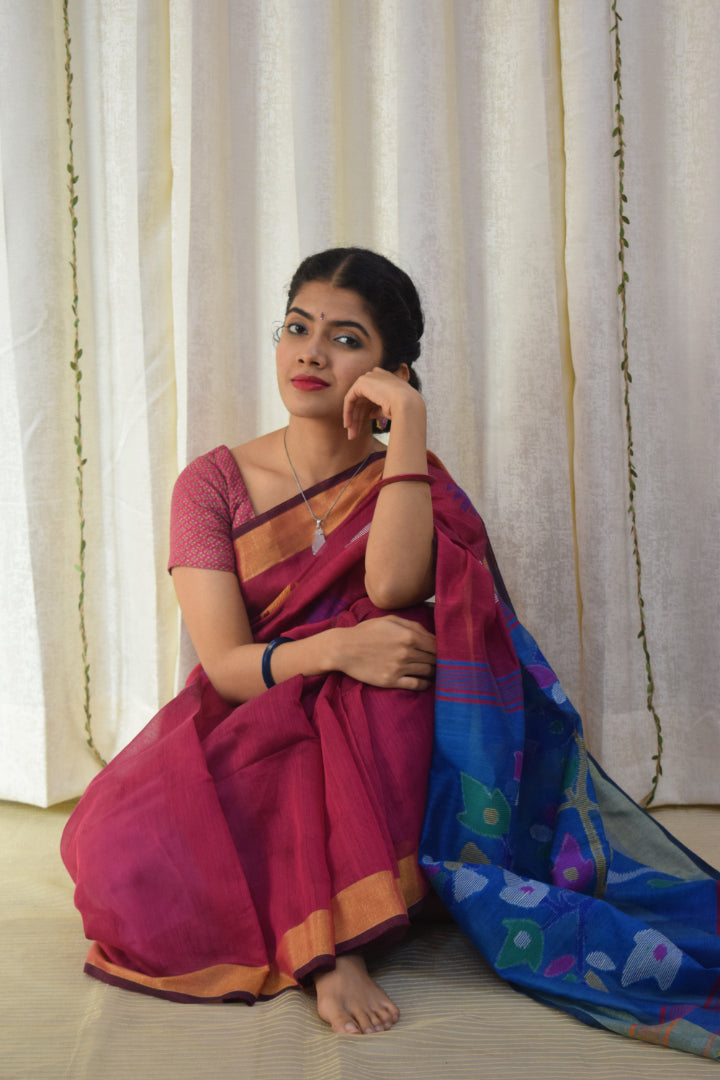 Narayani: Magenta & Blue Cotton-Silk Jamdani Saree