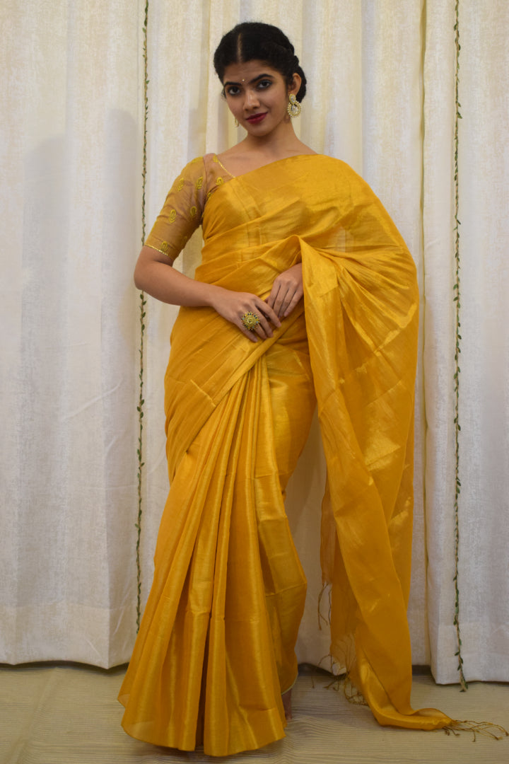 Maithili: Saffron Mul-Zari Tissue Saree