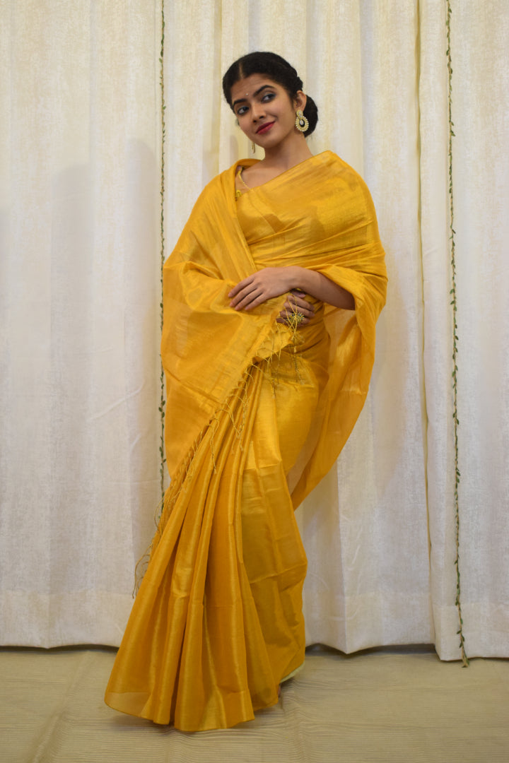 Maithili: Saffron Mul-Zari Tissue Saree