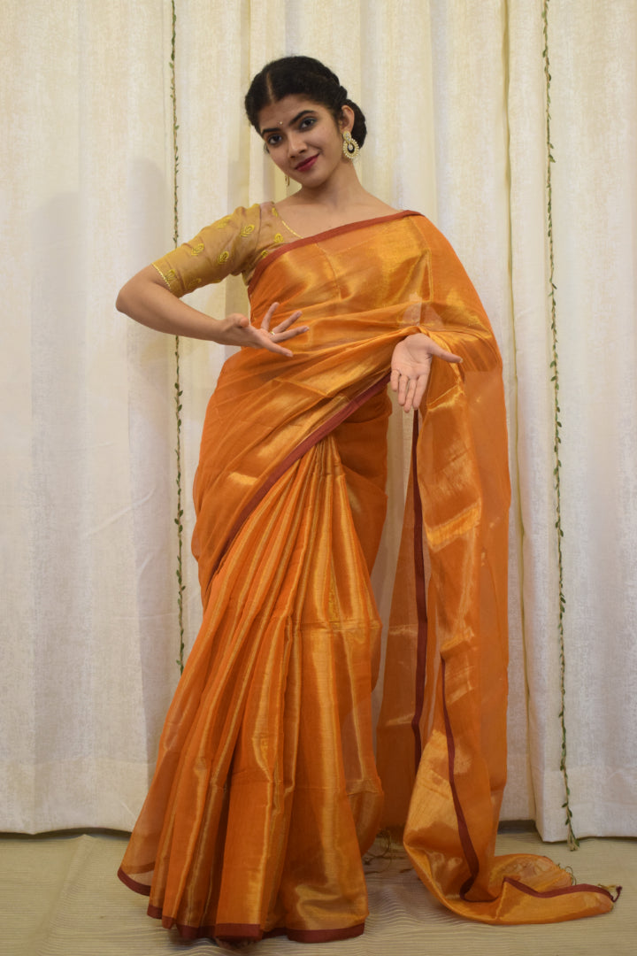 Drishana: Orange zari-Linen Tissue Saree