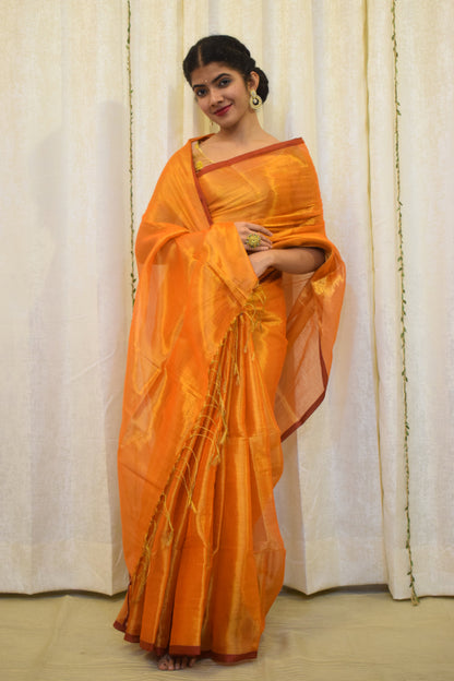 Drishana: Orange zari-Linen Tissue Saree