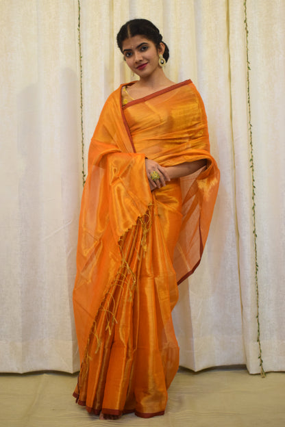 Drishana: Orange zari-Linen Tissue Saree