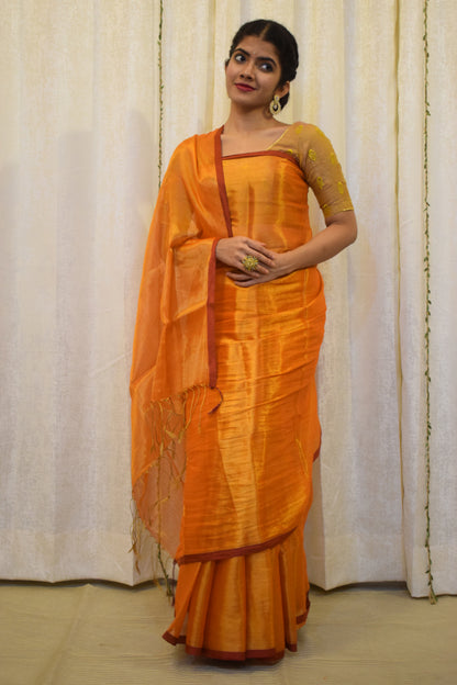 Drishana: Orange zari-Linen Tissue Saree